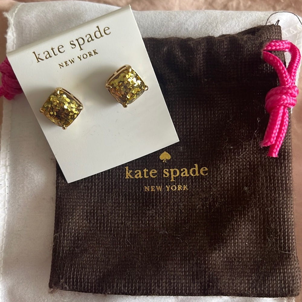 Kate Spade Small Square Studs gold glitter Brand New